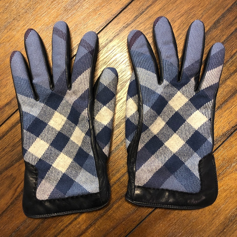 Burberry navy check leather canvas gloves size 7.5